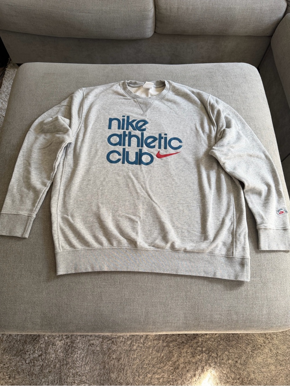 Nike Light Gray Crewneck Sweatshirt with Blue Logo and Red Swoosh